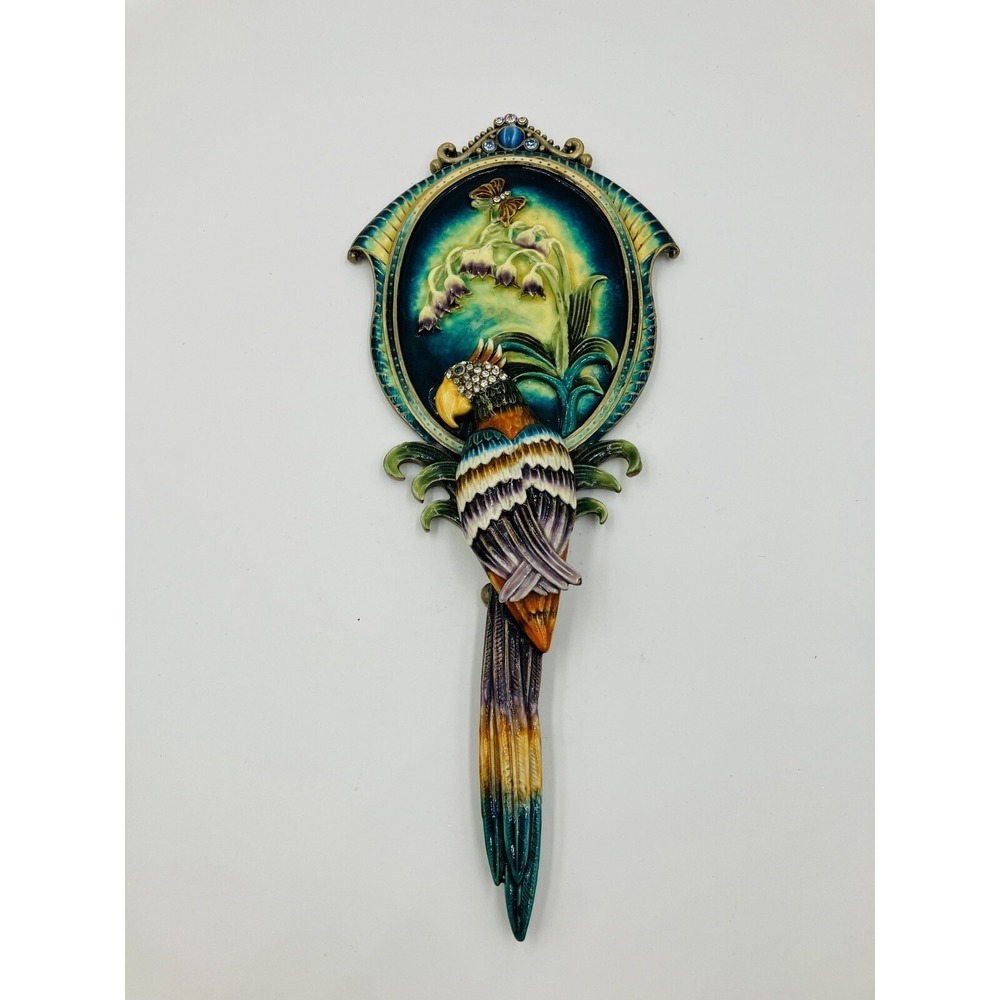 Two's Company Enamel Hand Mirror Austrian Crystal Parrot Lily of the Valley-READ